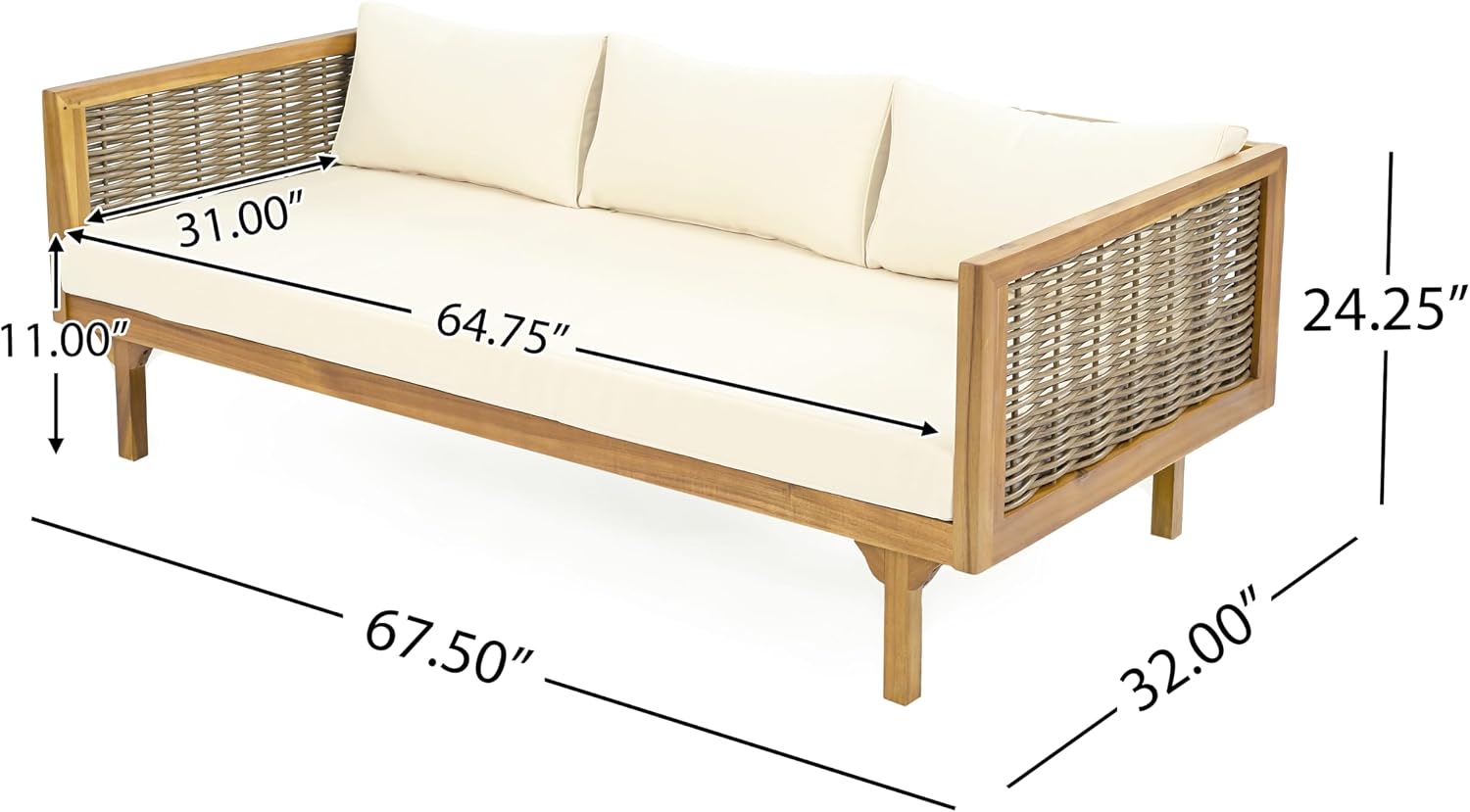 Wood Rattan Outdoor 3-Seater Daybed