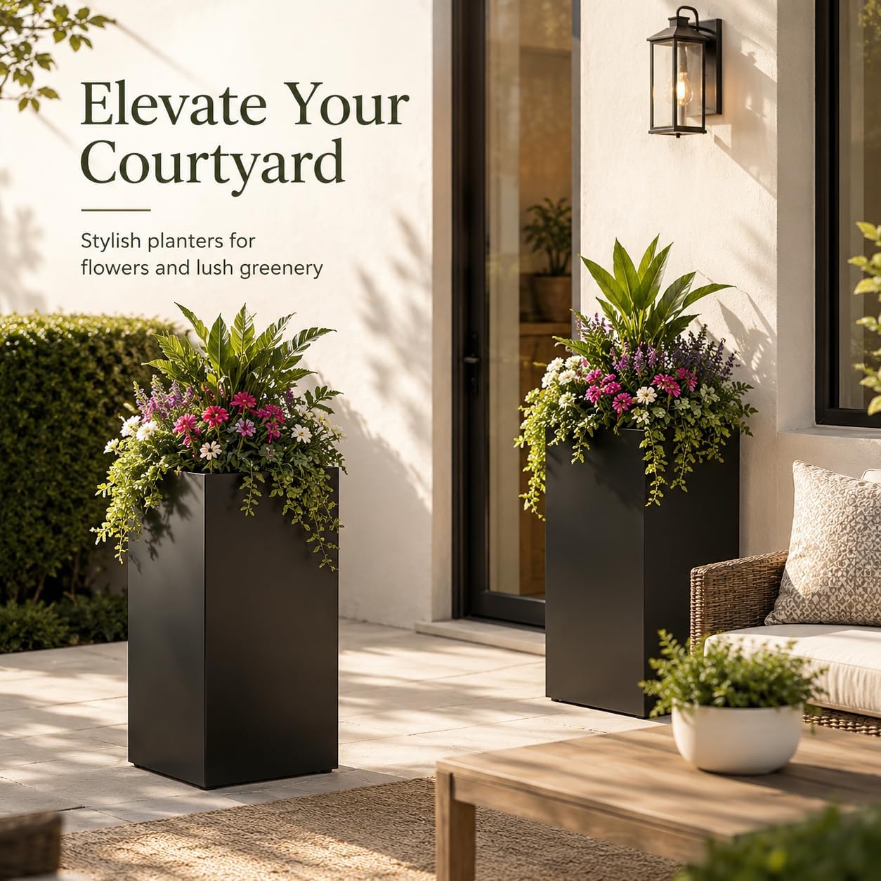 Black Tall Square Metal Planters