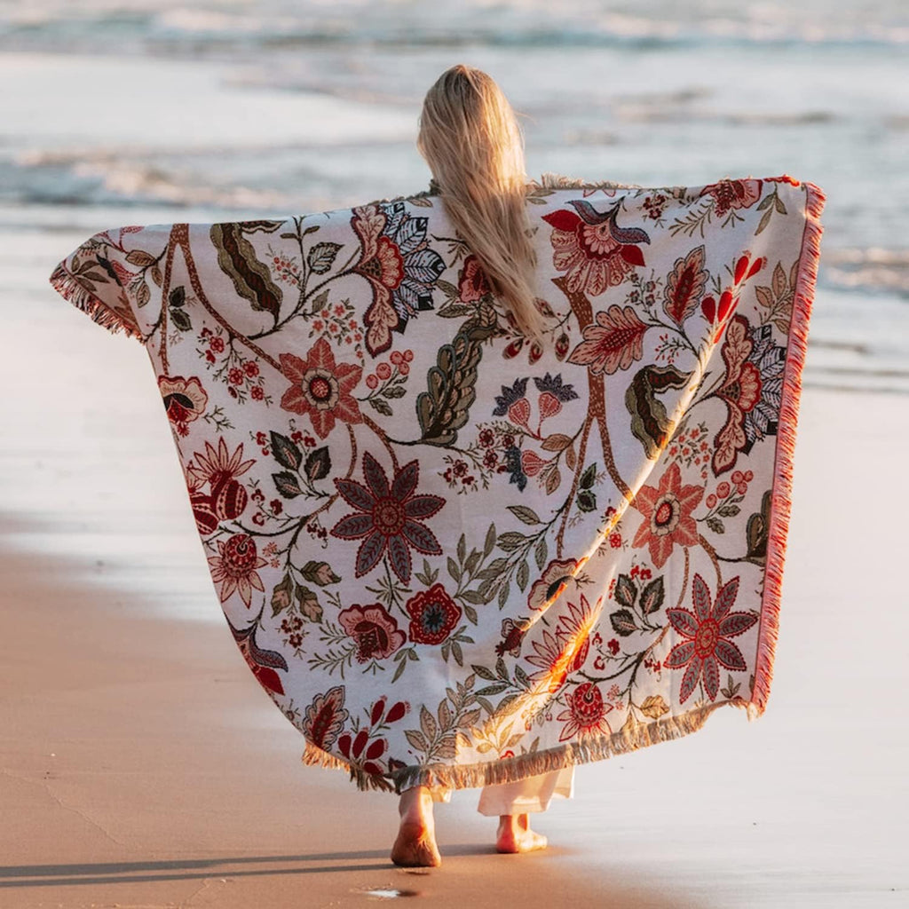 Boho Floral Woven Cotton Blanket