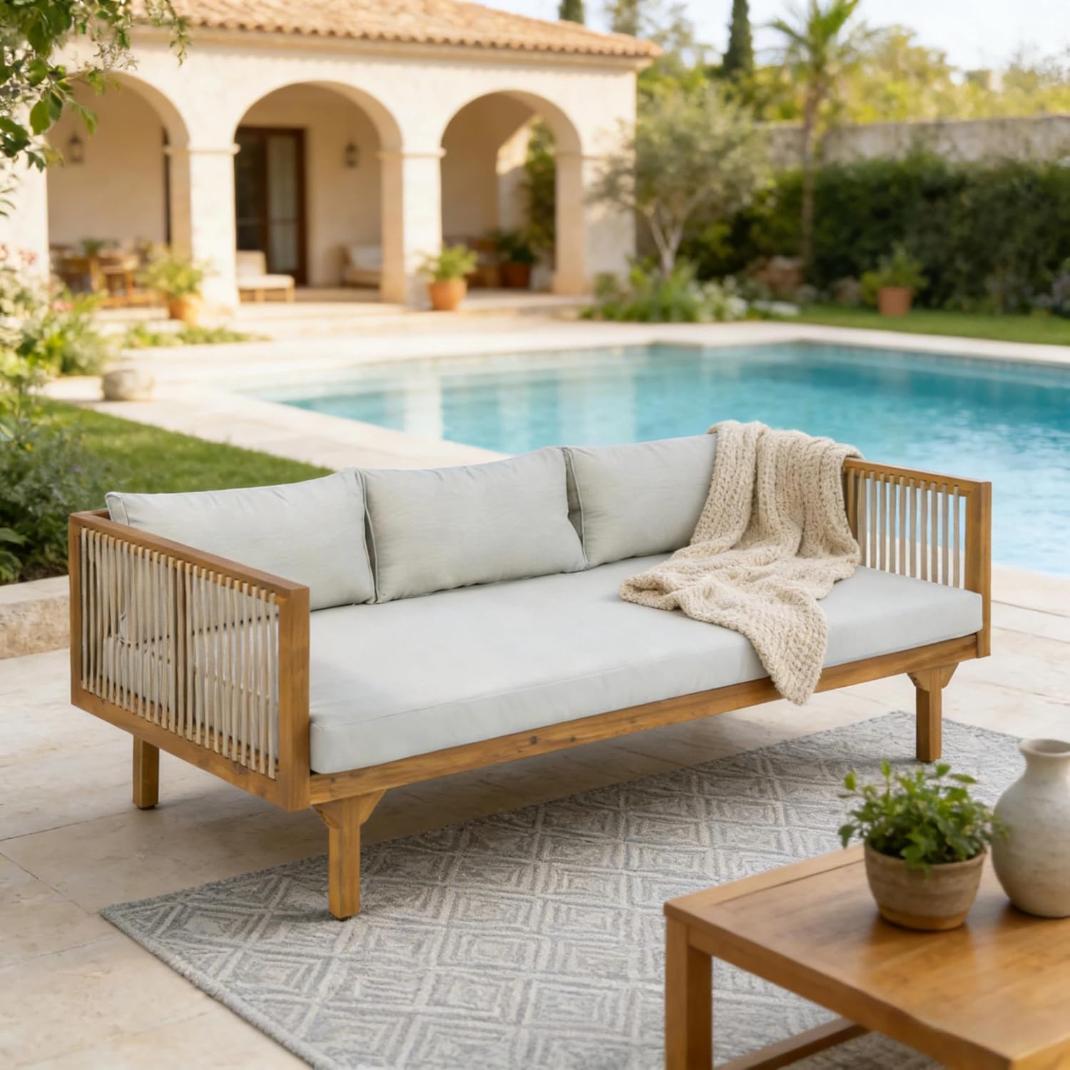 Wood Outdoor 3-Seater Daybed Sofa