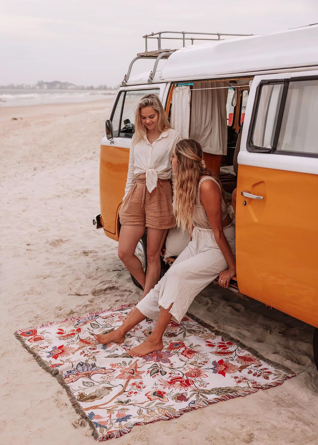 Boho Floral Woven Cotton Blanket