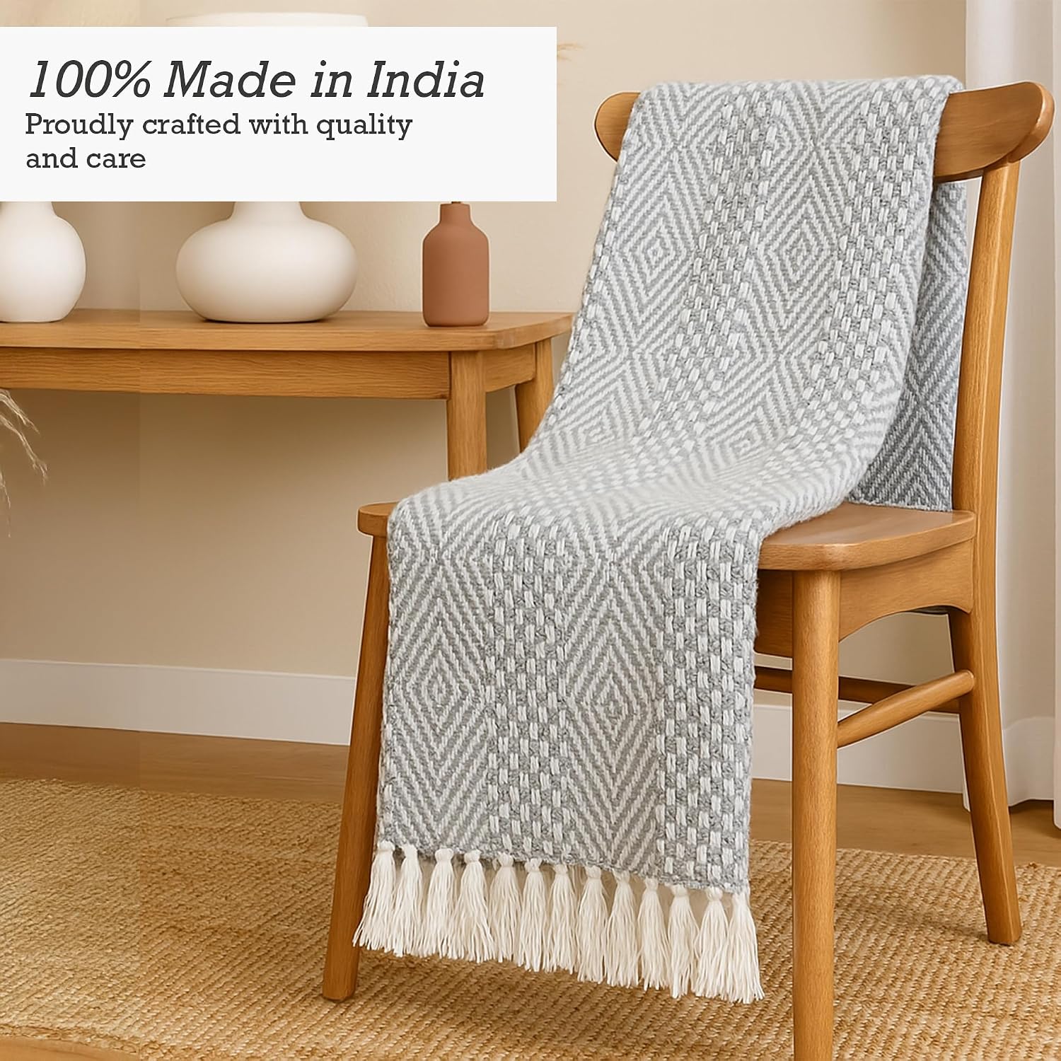 Rustic Grey Woven Cotton Throw Blanket