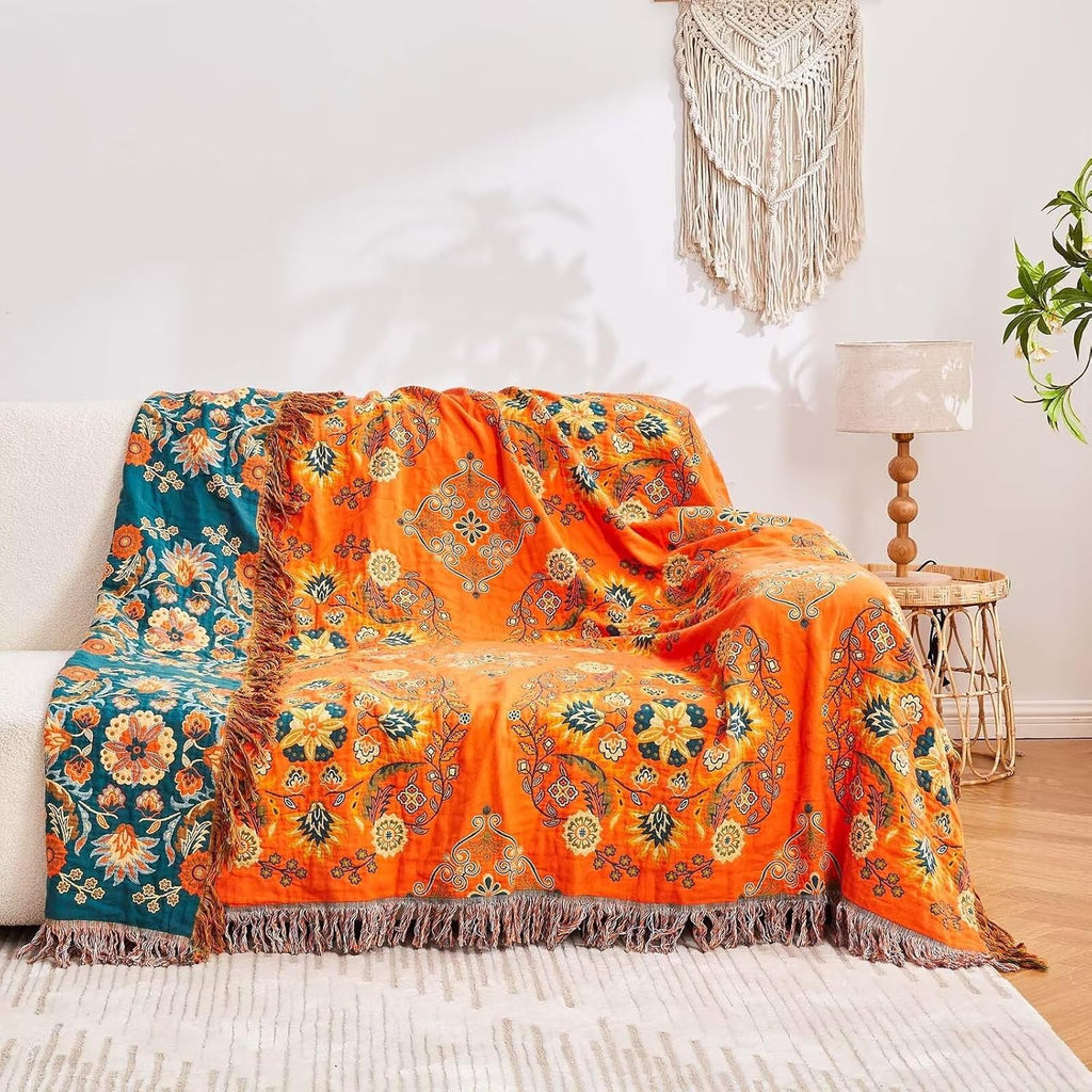 Boho Floral Cotton Reversible Throw