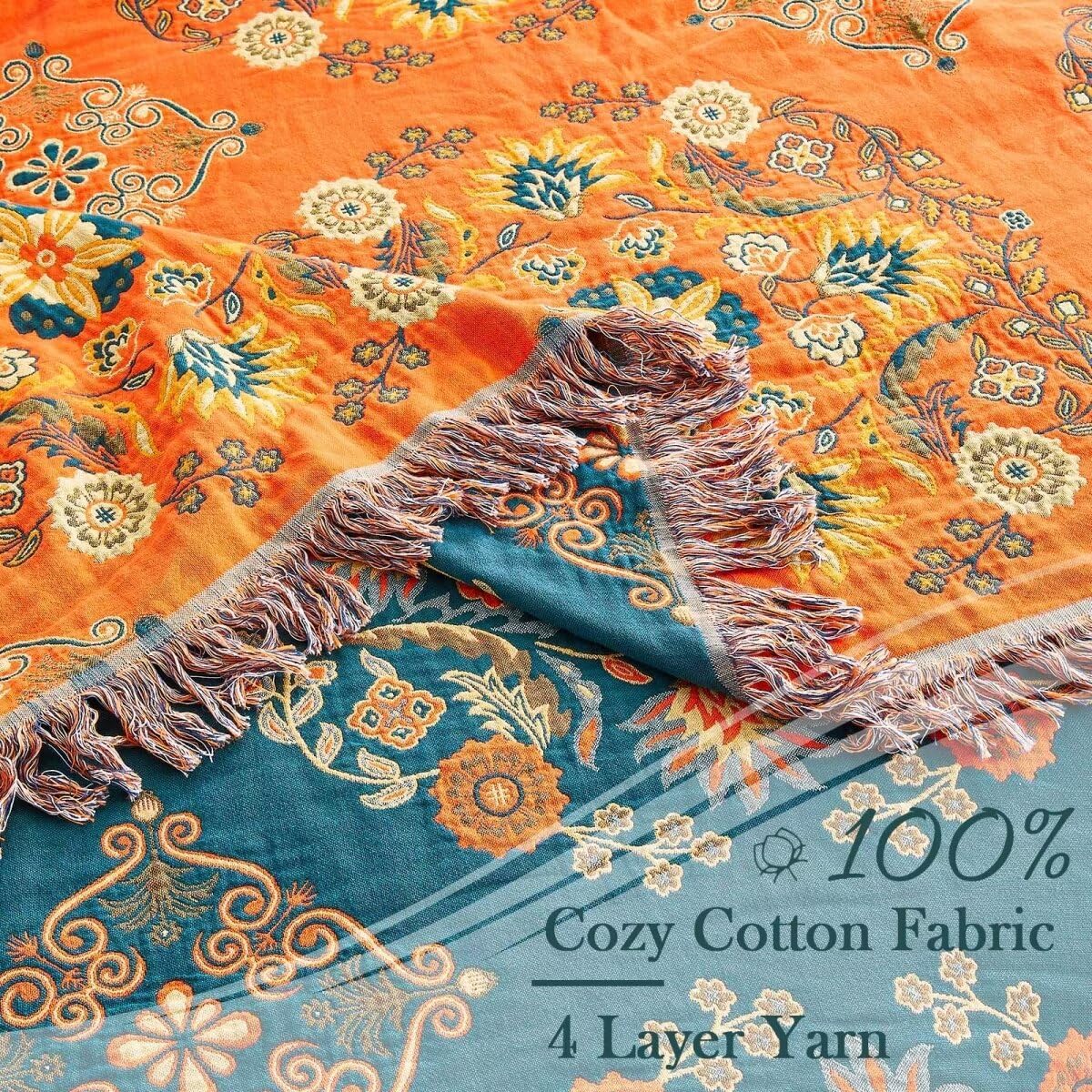 Boho Floral Cotton Reversible Throw