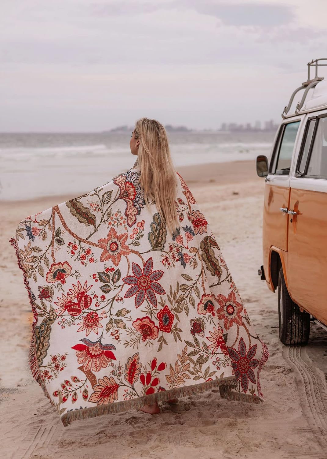 Boho Floral Woven Cotton Blanket