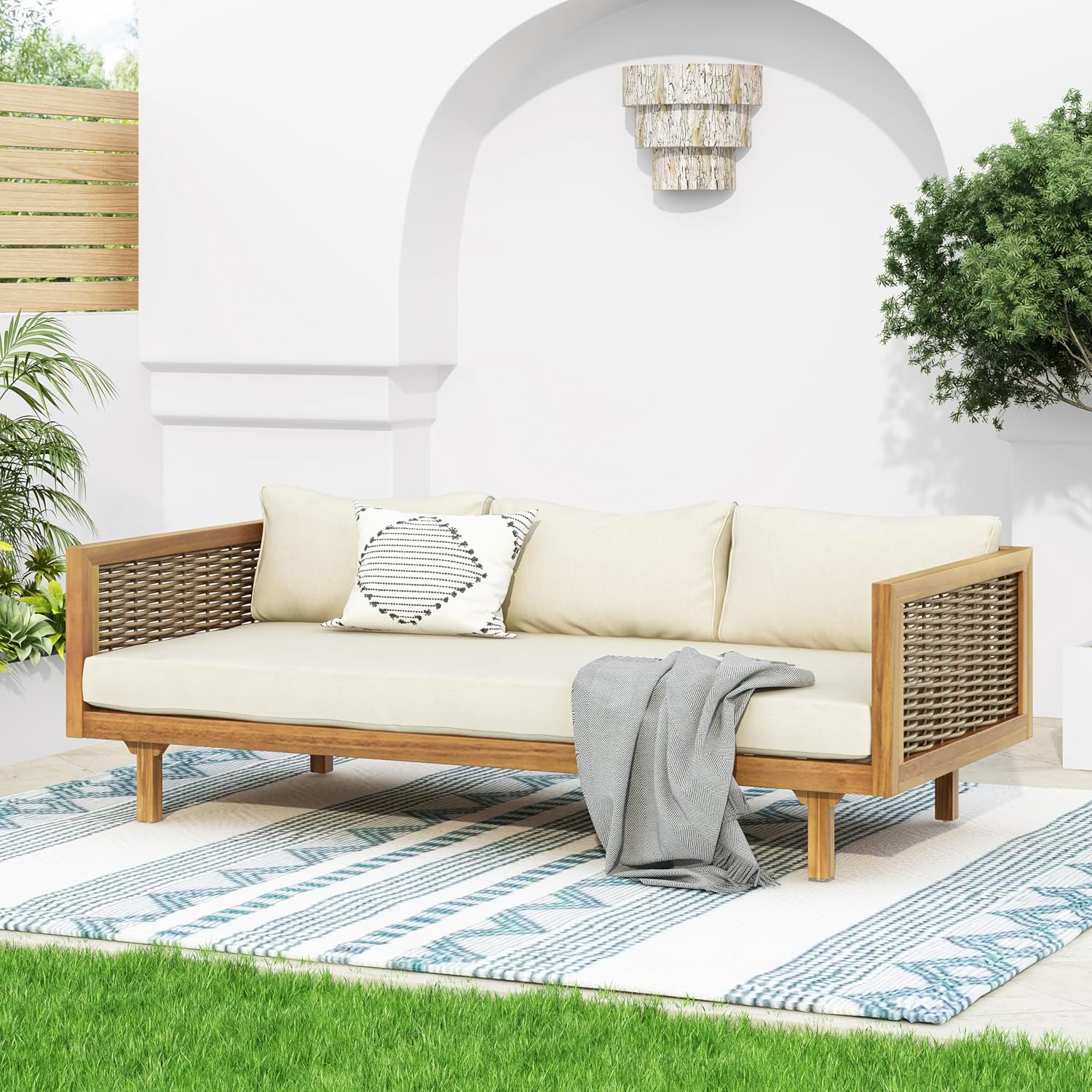 Wood Rattan Outdoor 3-Seater Daybed
