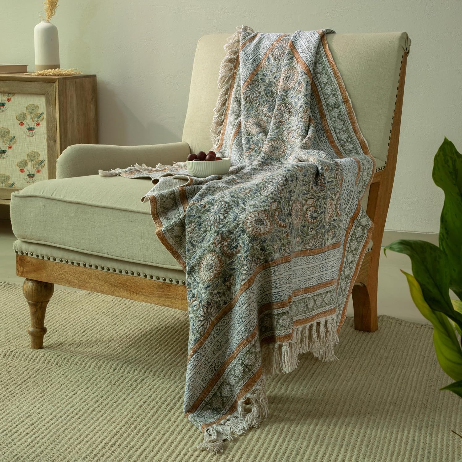 Cotton Floral Fringed Throw Blanket