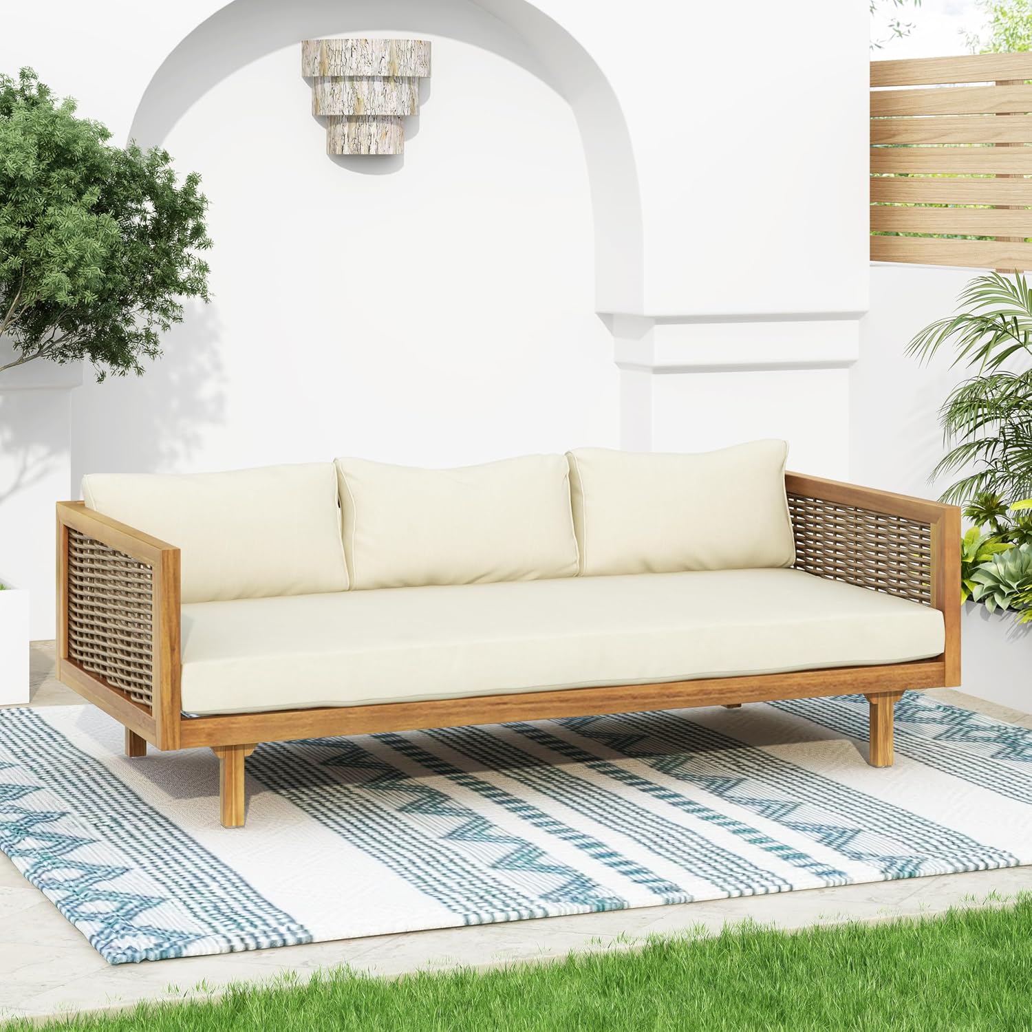 Wood Rattan Outdoor 3-Seater Daybed