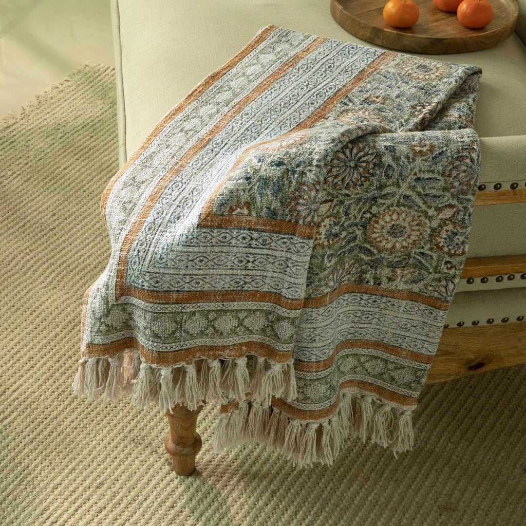 Cotton Floral Fringed Throw Blanket
