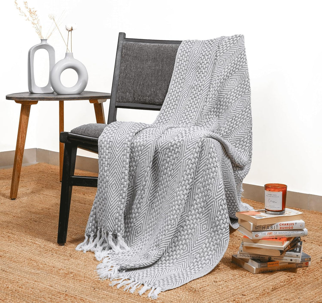 Rustic Grey Woven Cotton Throw Blanket