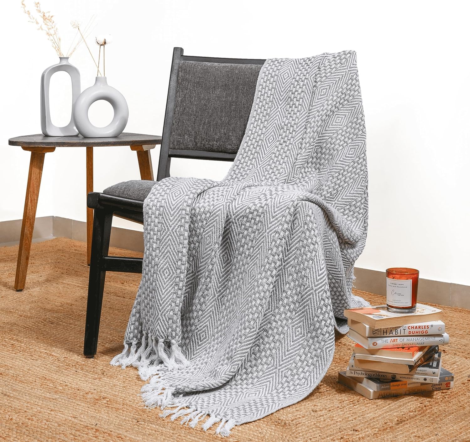 Rustic Grey Woven Cotton Throw Blanket